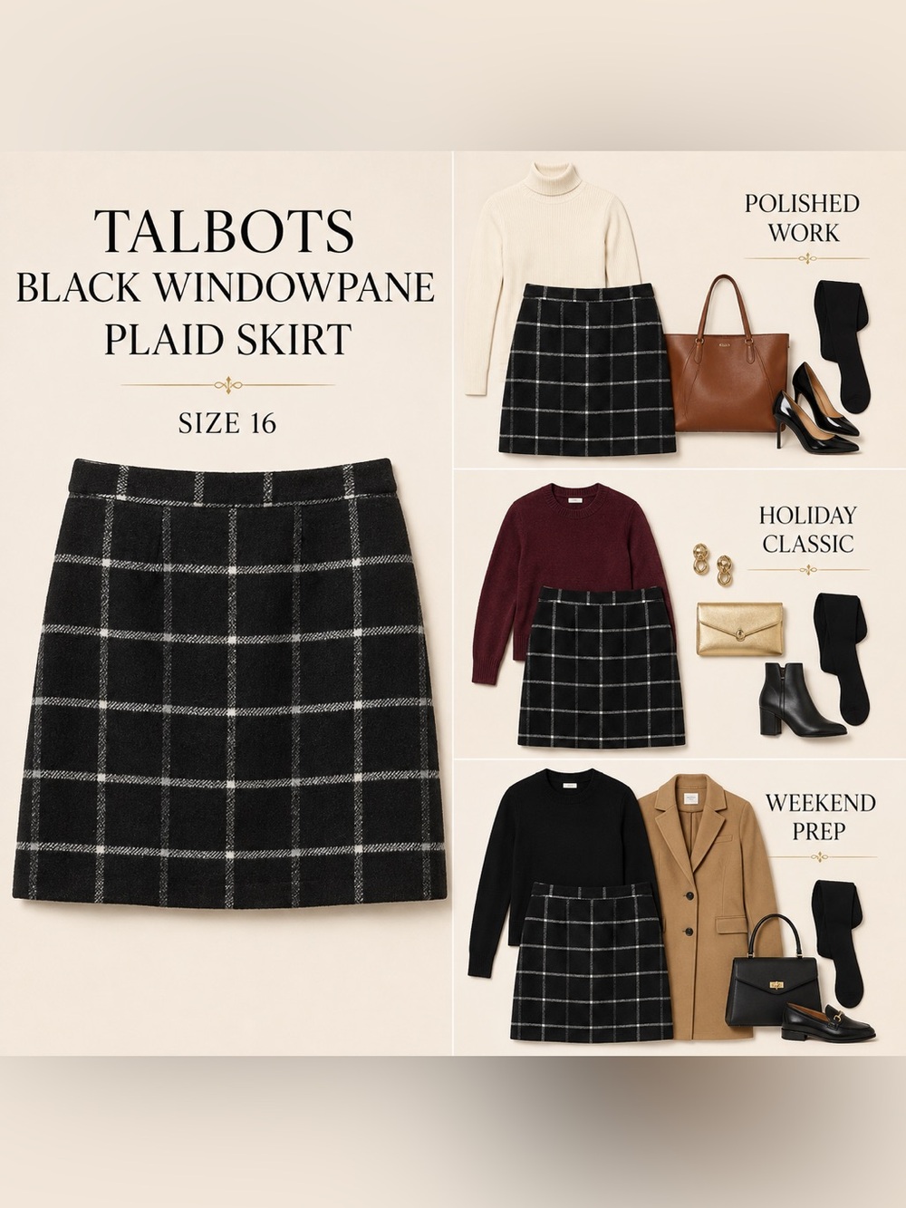 Talbots Black Windowpane Plaid Above-Knee Skirt Size 16